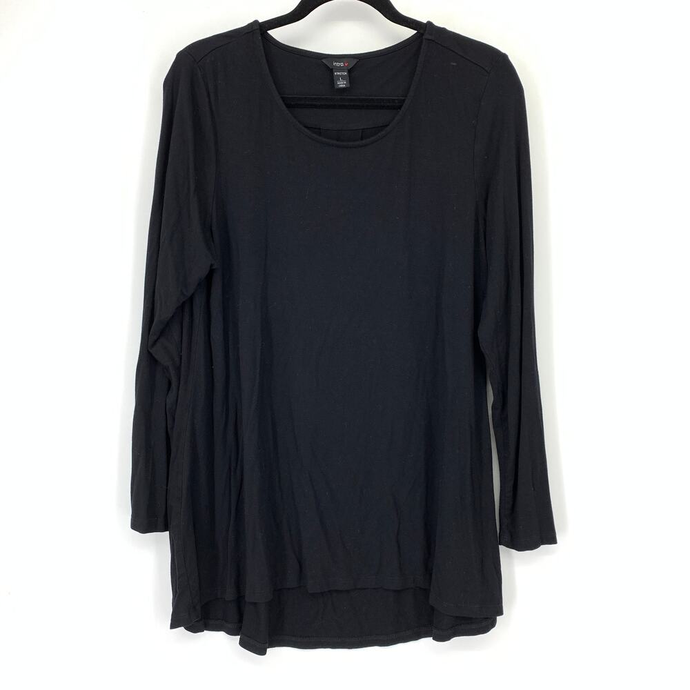 Intro. Shirt Womens Large Black Tunic Length High-Low Hem Scoop Neck Long Sleeve
